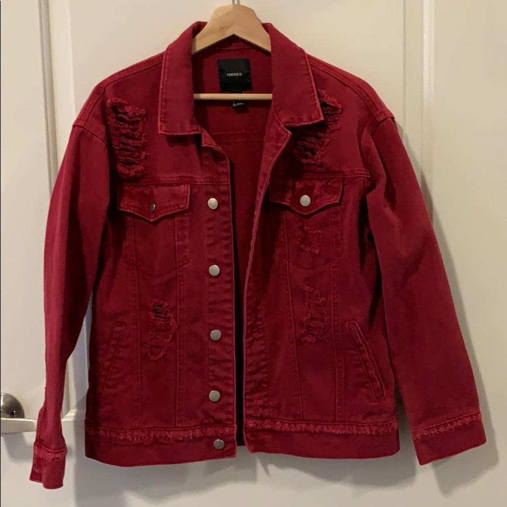 Red Forever 21 Distressed Denim Oversized Jacket